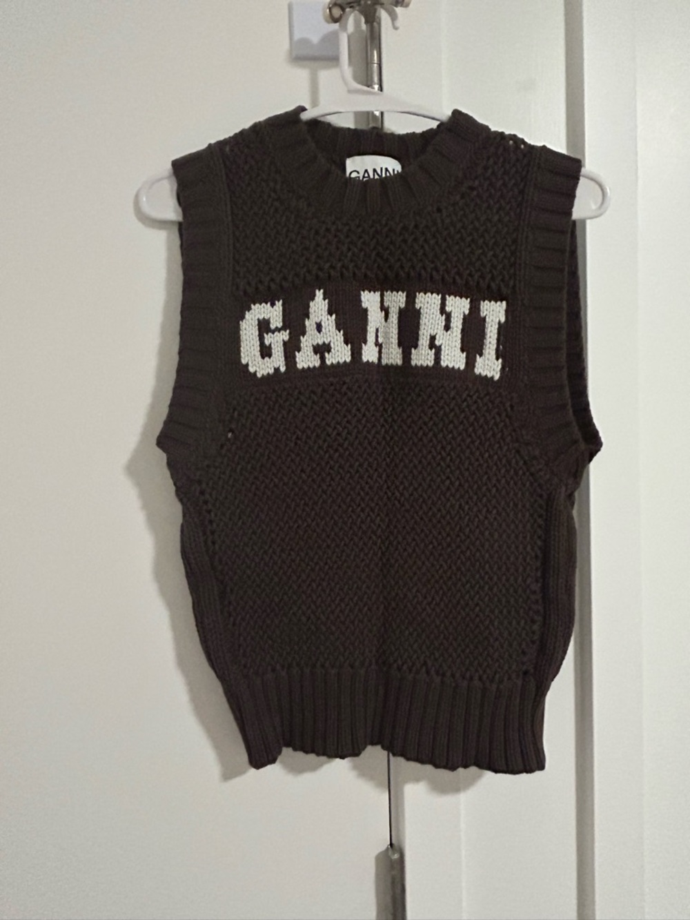 Ganni Brown Knit Logo Sweater Vest with White Lettering